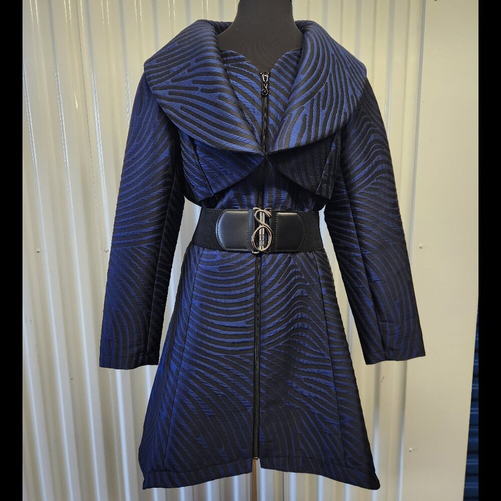 Samuel Dong Women's Jacquard Navy Blue and Black Coat Dress